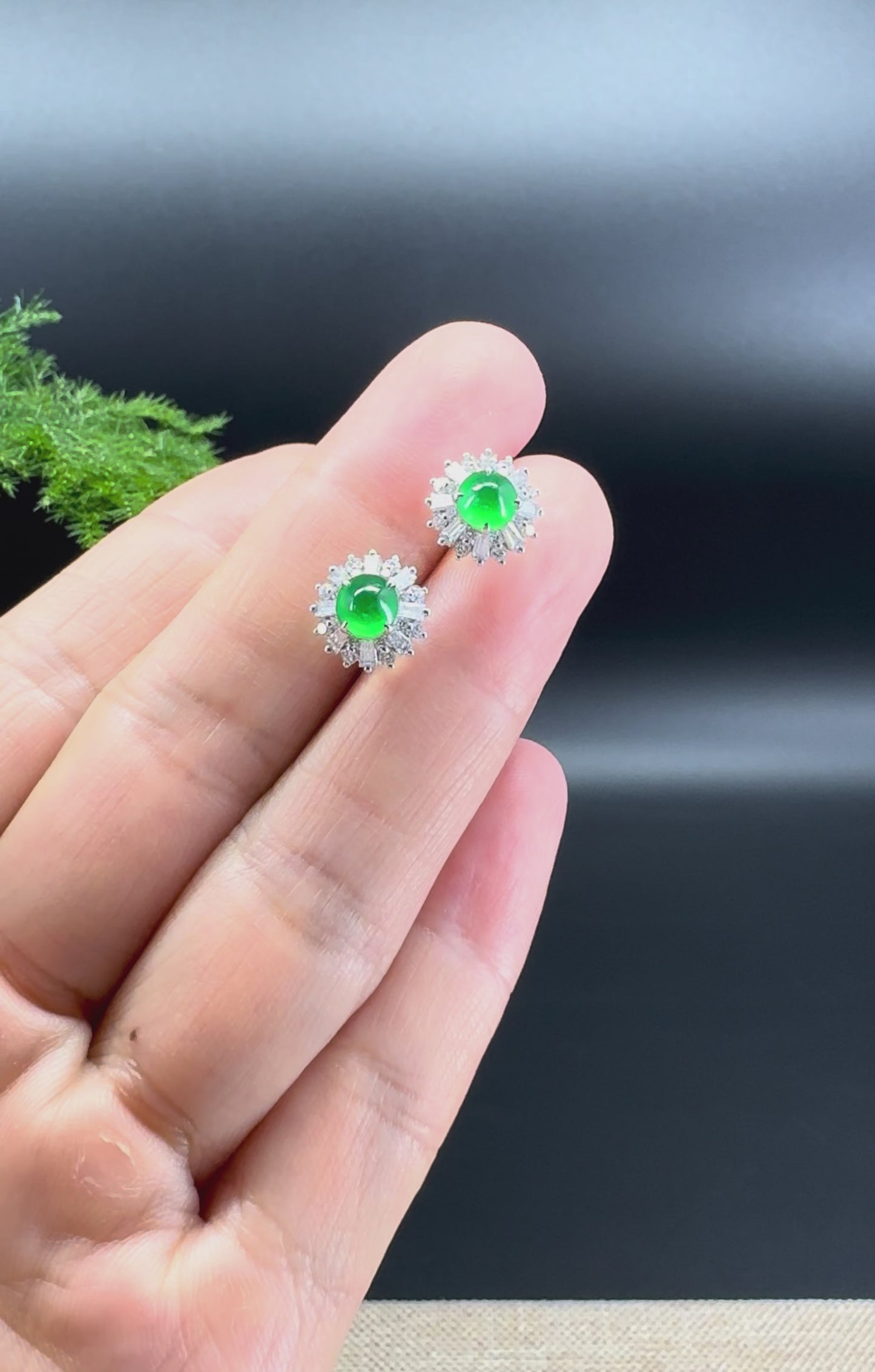 RealJade® 18k White Gold Classic Imperial Green Jade 'Sunflower' Stud Earrings with Diamonds