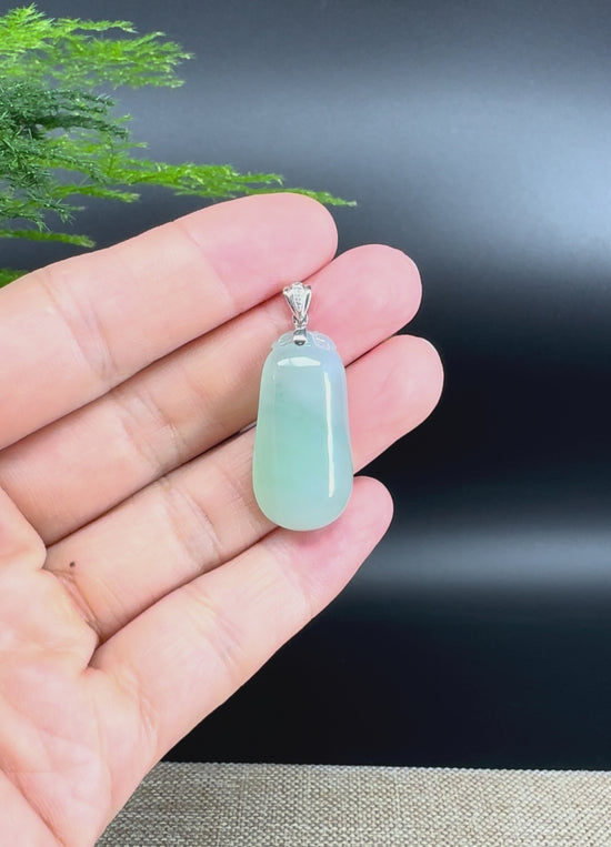 Load and play video in Gallery viewer, &amp;quot;Good Luck Button&amp;quot; Icy Green Jadeite Jade Shou Tao Pendant With 18K White Gold Bail
