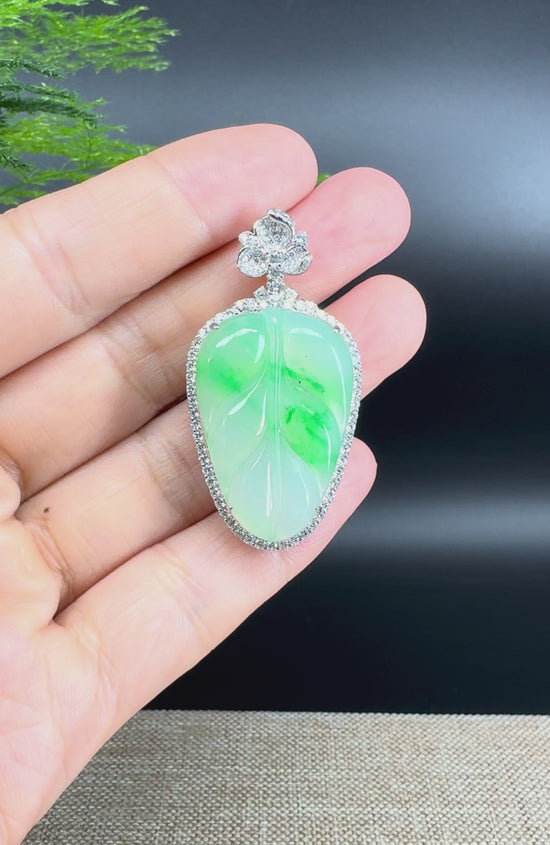 Load and play video in Gallery viewer, High end genuine Ice Green Jadeite Jade Jin Zhi Yu Ye (Leaf) Necklace With Diamond Bail
