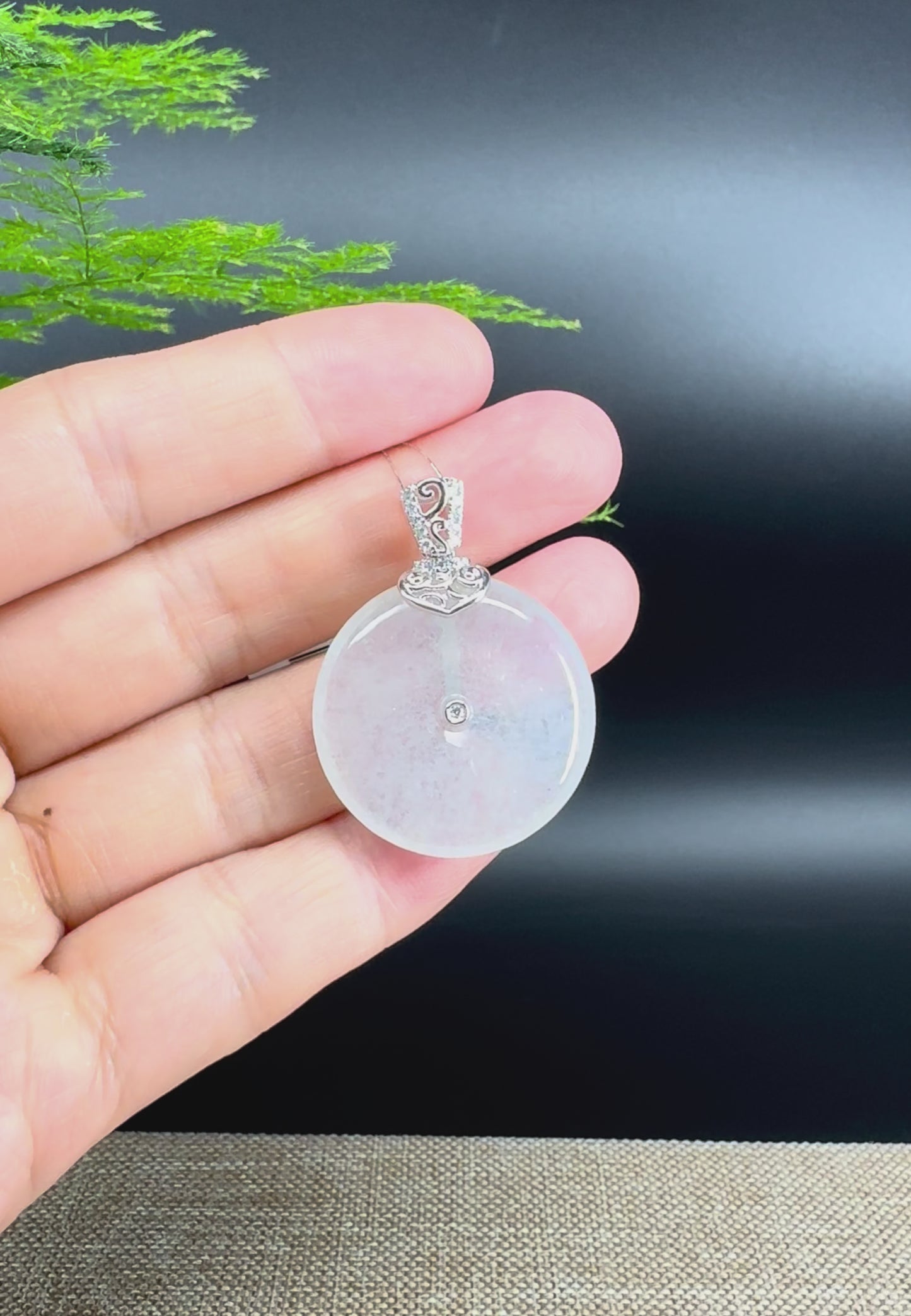 "Good Luck Button" Icy Jadeite Jade Lucky KouKou Pendant With 18K White Gold Bail