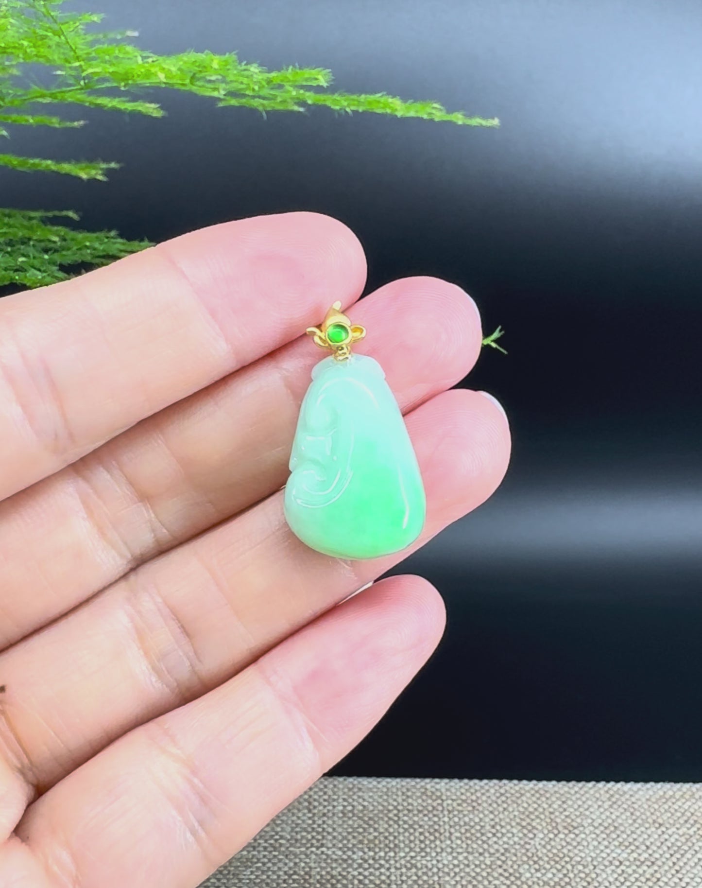 RealJade® Co. Genuine Green Jadeite Jade Good Luck RuYi Necklace With 18K Yellow Gold Bail