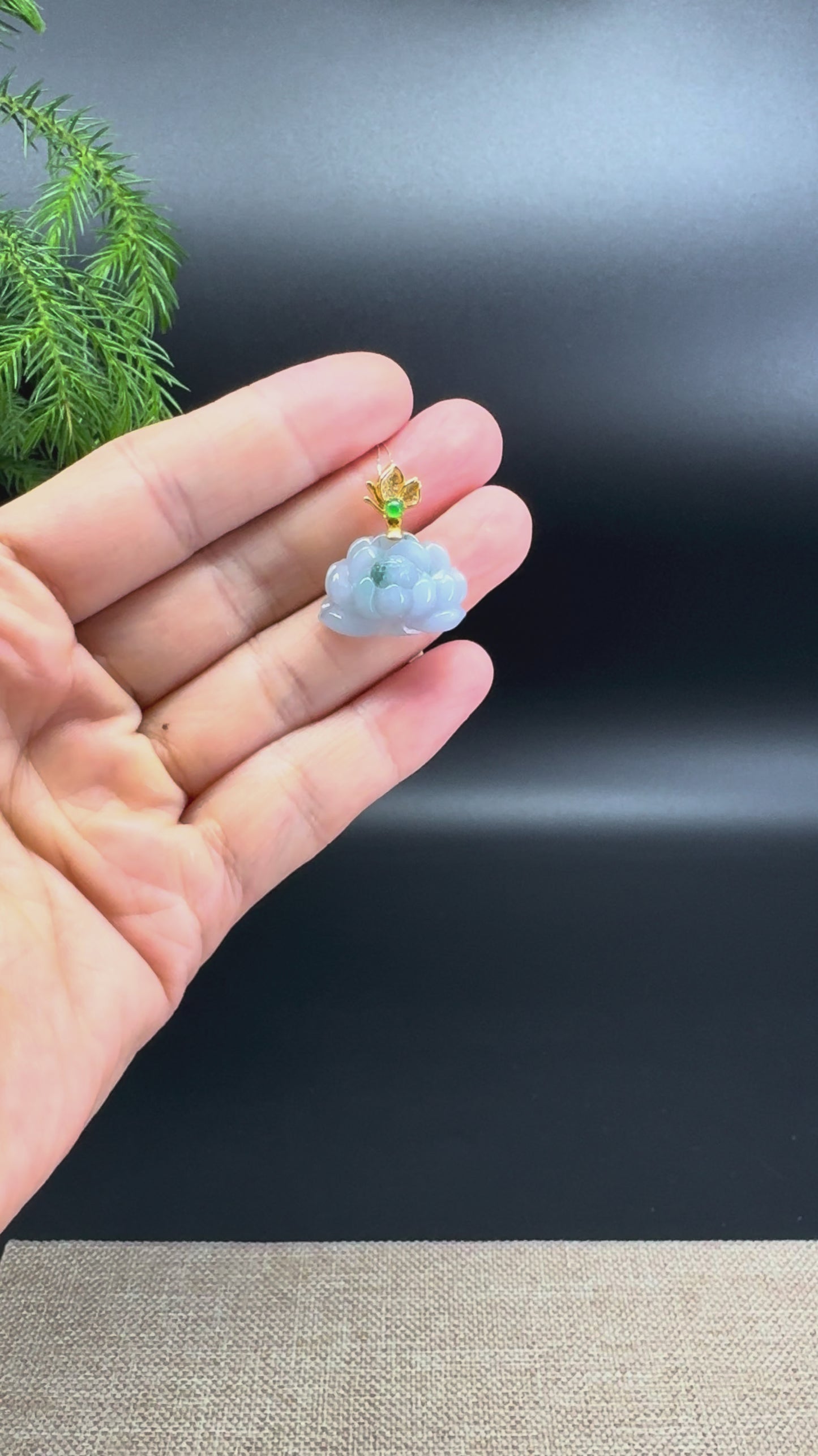 Natural 18K Yellow Gold Burmese Light Blue-Lavender Jadeite Jade Lotus Flower Pendant With Diamonds