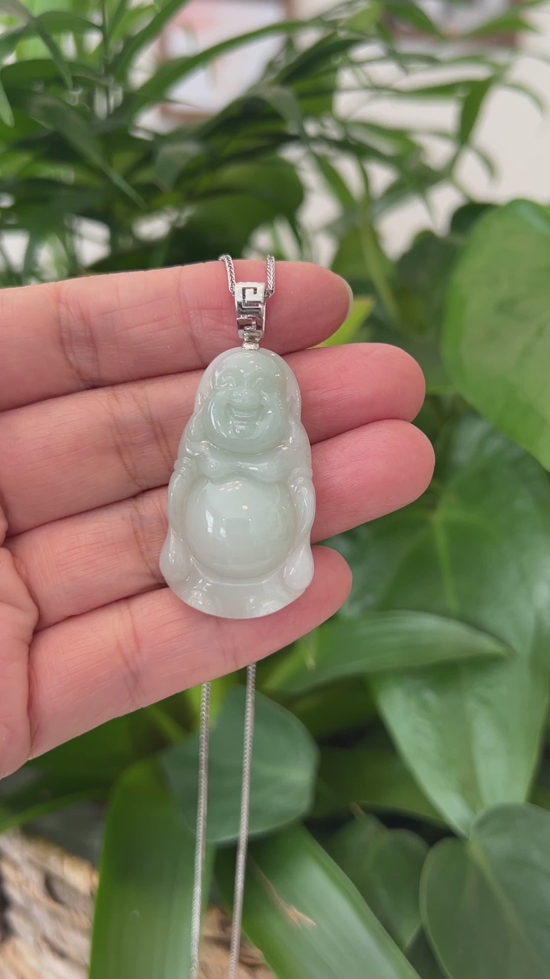 Load and play video in Gallery viewer, RealJade® Co. &amp;quot;Standing Buddha&amp;quot; Genuine Green Jadeite Buddha Pendant Necklace With Silver Bail
