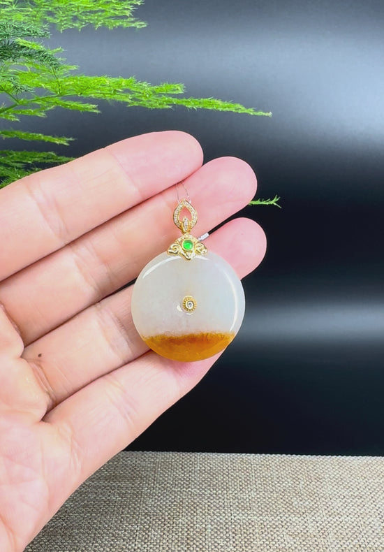 Load and play video in Gallery viewer, &amp;quot;Good Luck Button&amp;quot; Yellow Jadeite Jade Lucky KouKou Pendant With 18K Yellow Gold Bail
