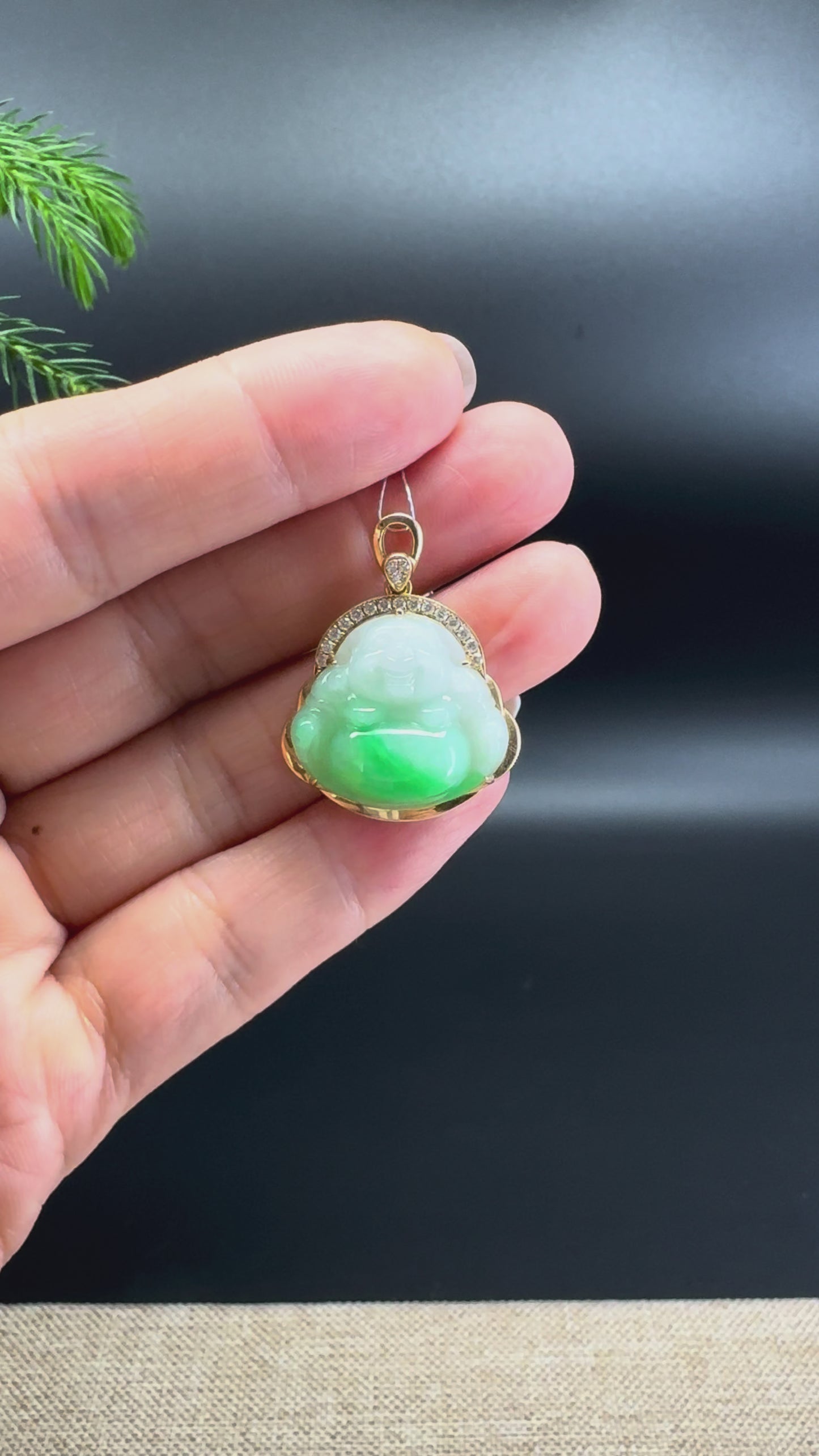 Load and play video in Gallery viewer, 14K Yellow Gold Burmese White Green Jadeite Jade Happy Buddha Pendant with Diamond

