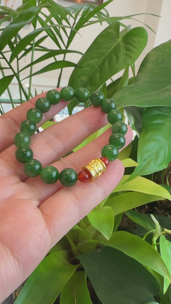 Load and play video in Gallery viewer, 24K Pure Yellow Gold Buddha Symbol Tongtong With Genuine Green Jade Round Beads Bracelet Bangle ( 9.5 mm )
