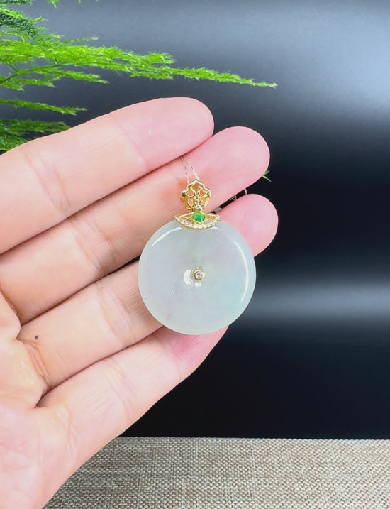 Load and play video in Gallery viewer, &amp;quot;Good Luck Button&amp;quot;Icy Green Jadeite Jade Lucky KouKou Pendant With 18K Yellow Gold Bail
