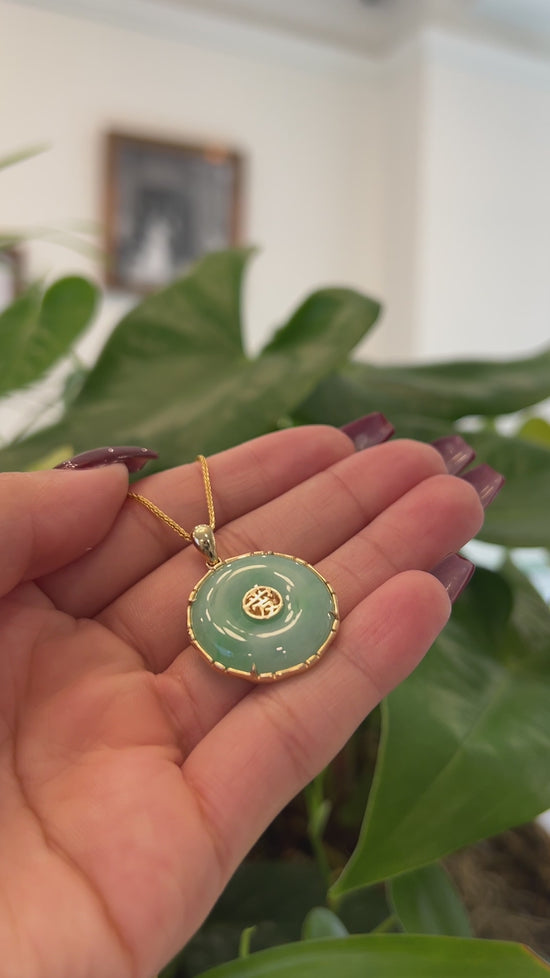 Load and play video in Gallery viewer, RealJade® Co. &amp;quot;Good Luck Button&amp;quot; Necklace Green Jadeite Jade Lucky KouKou Pendant Necklace
