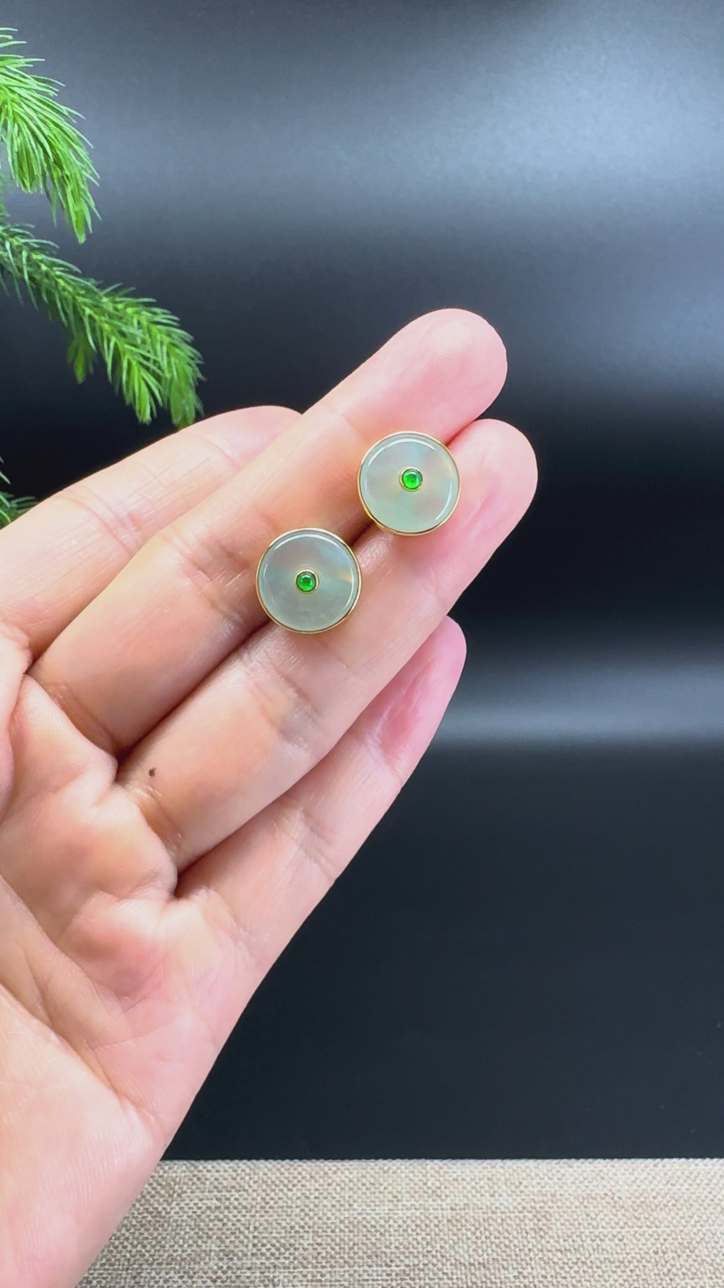 Load and play video in Gallery viewer, 18k Yellow Gold Genuine Light Green Koukou Jadeite Jade Stud Earrings
