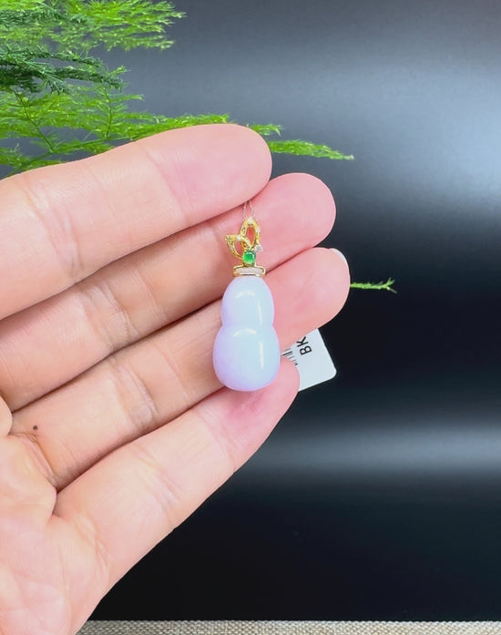 Load and play video in Gallery viewer, RealJade® Co. Genuine Lavender Jadeite Jade Good Luck Hulu Necklace With 18K Yellow Gold Bail
