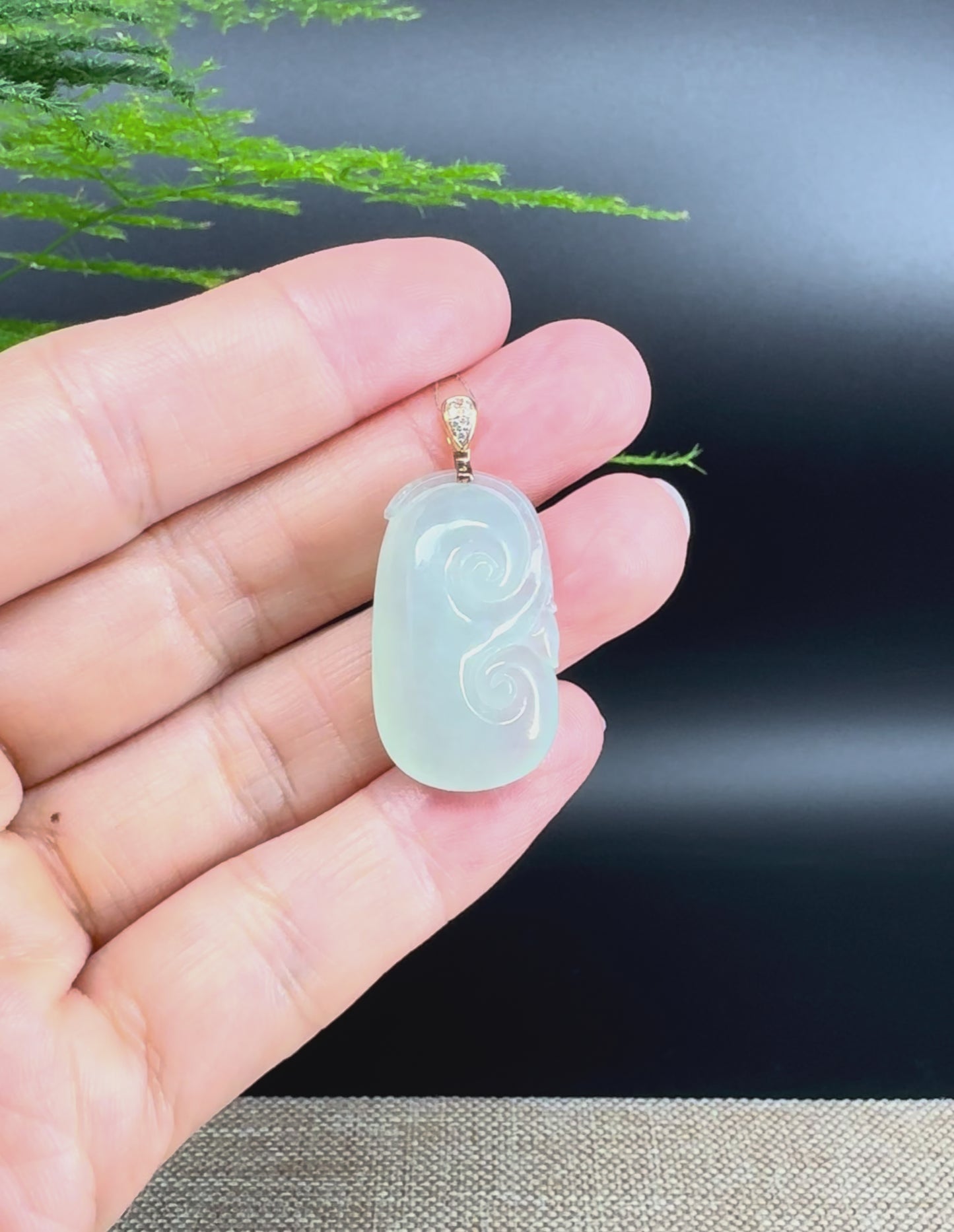 RealJade® Co. Genuine Icy green Jadeite Jade Good Luck RuYi Necklace With 18K Rose Gold Bail