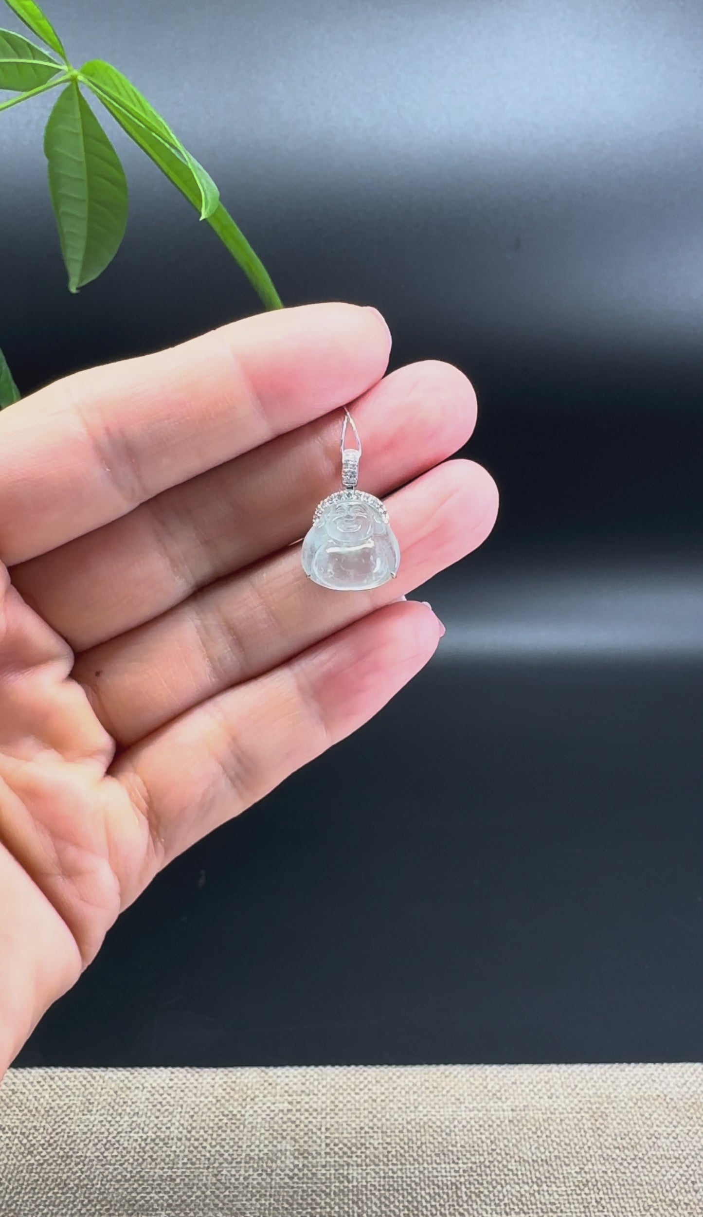 18K White Gold Burmese Icy Jadeite Jade Mini Buddha Pendant With Diamonds