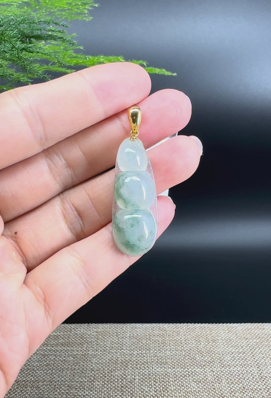 Load and play video in Gallery viewer, RealJade® Co. Genuine Ice Green Jadeite Jade Bean Necklace With 18K Yellow Gold Bail
