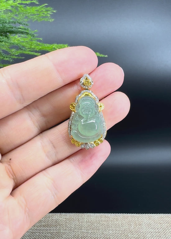 Load and play video in Gallery viewer, High end RealJade® &amp;quot;Money Saint&amp;quot; 18k Yellow Gold Genuine Green Jadeite Jade Pendant
