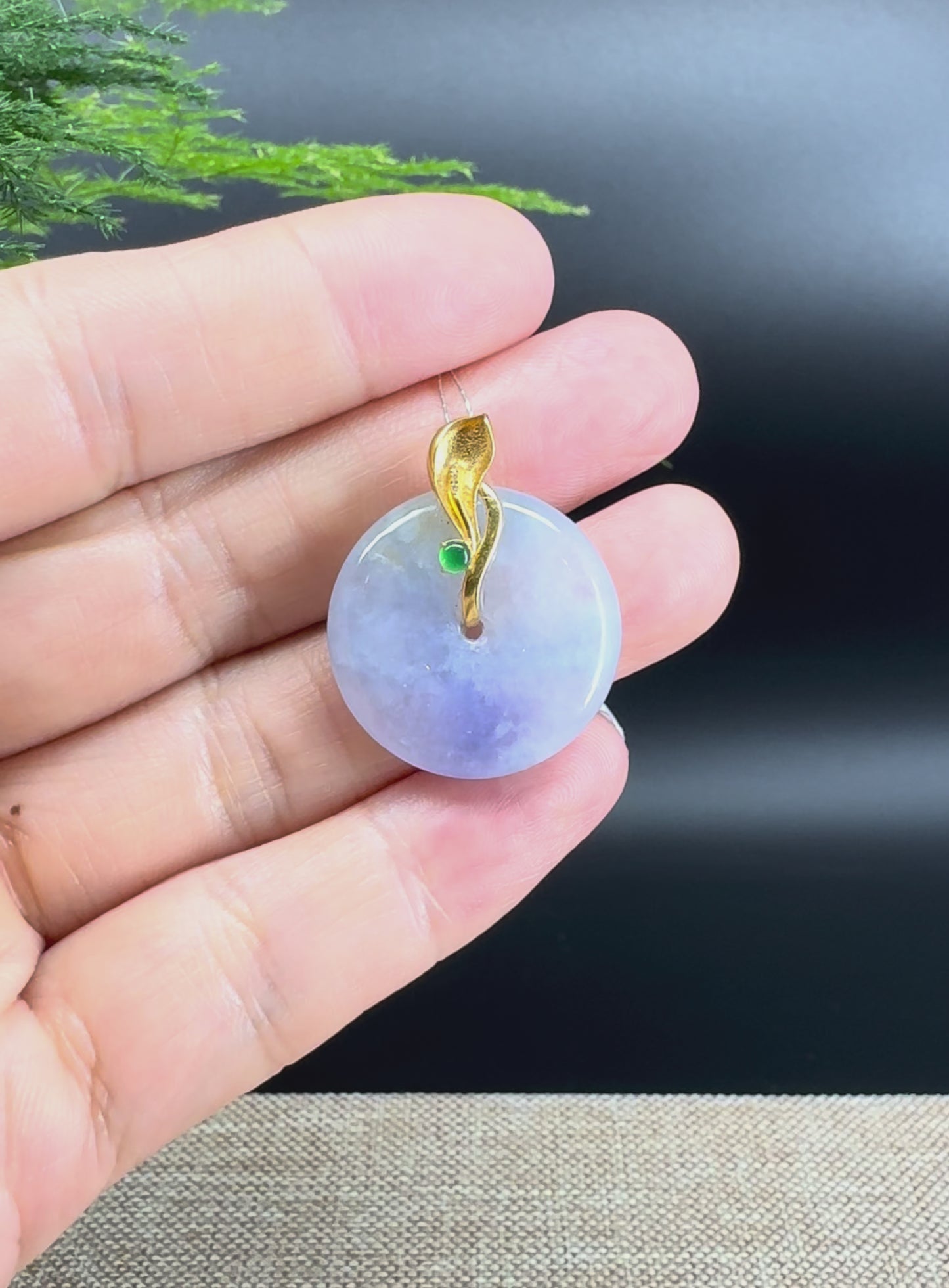 Load and play video in Gallery viewer, &amp;quot;Good Luck Button&amp;quot; Icy Lavender Jadeite Jade Lucky KouKou Pendant With 18K Yellow Gold  Bail
