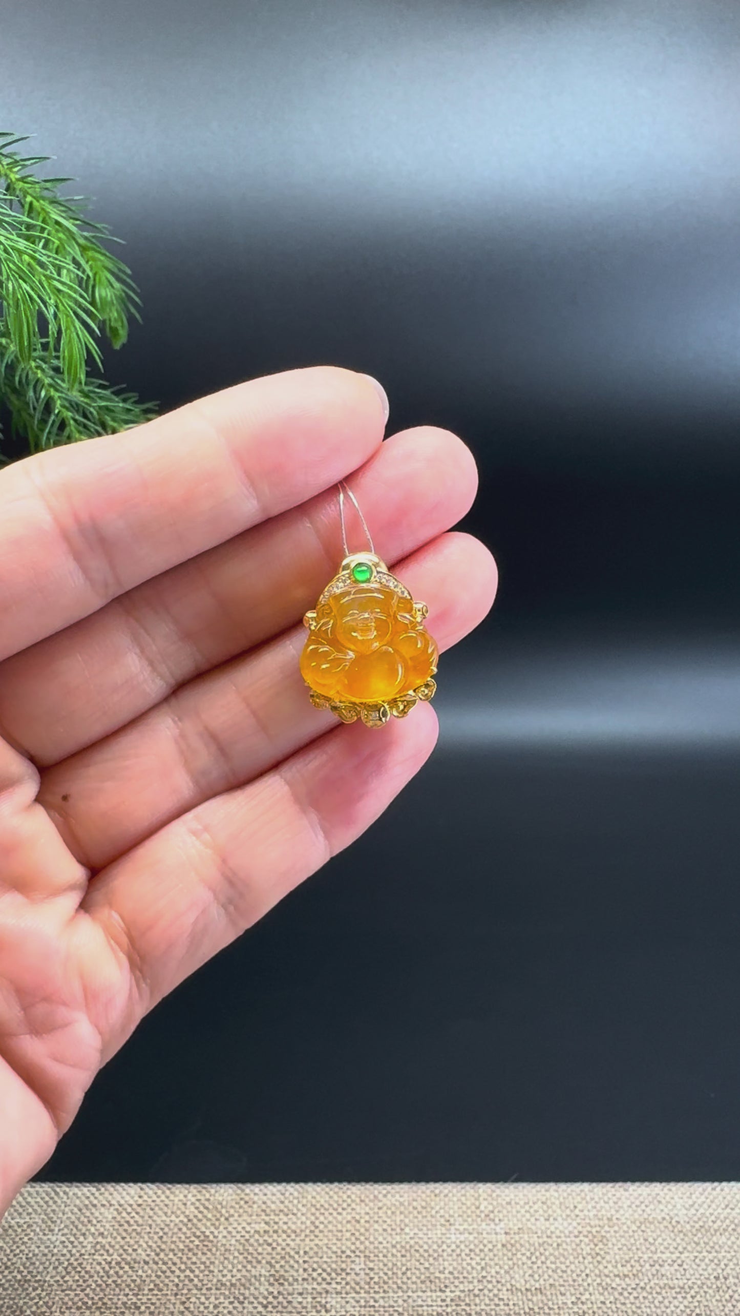 Burmese Honey Yellow Jadeite Jade Mini Money Saint Pendant With 18K Yellow Gold Diamonds Bail