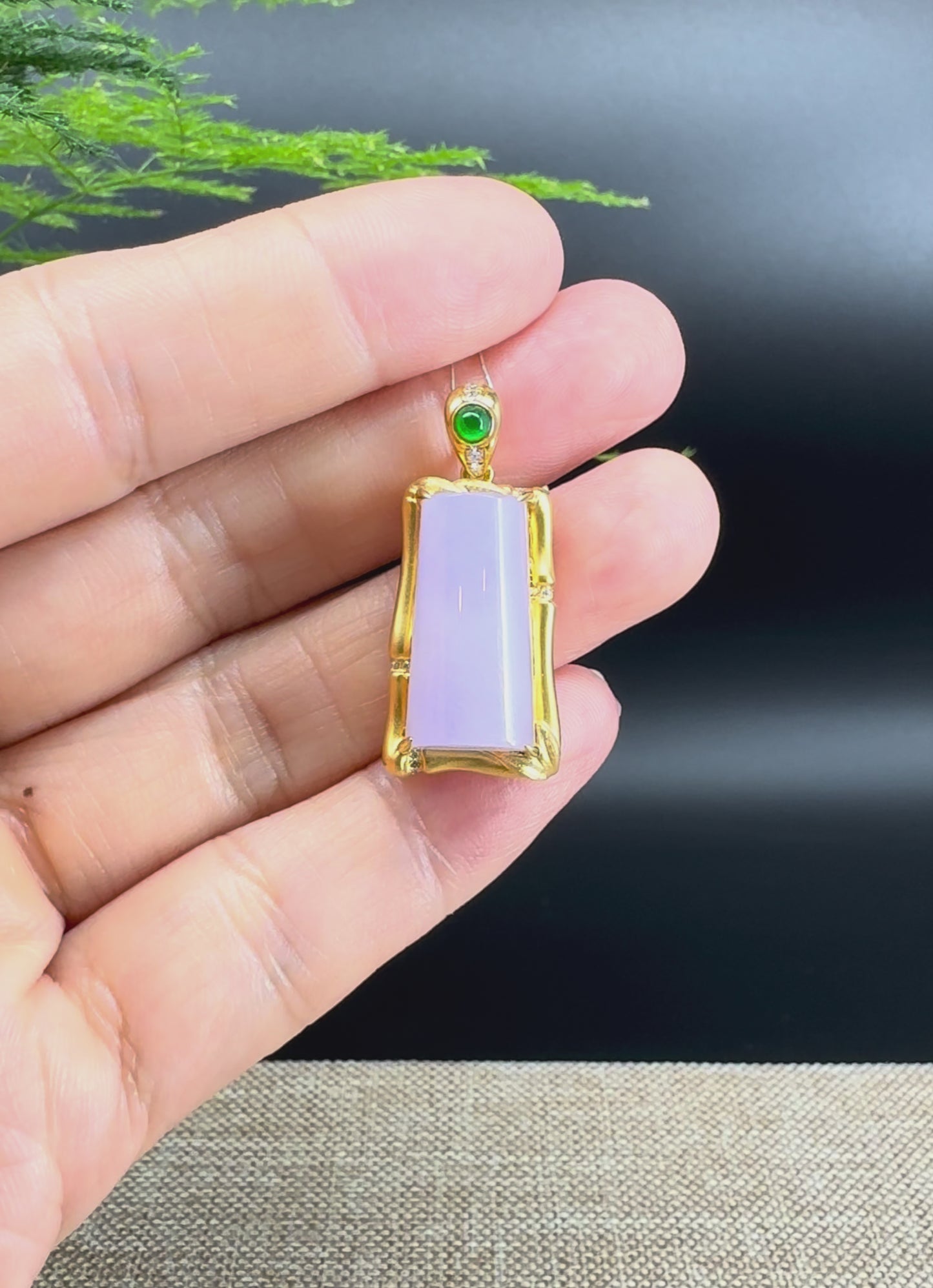 Load and play video in Gallery viewer, &amp;quot;Good Luck Button&amp;quot;Lavender Jadeite Jade Bamboo Pendant With 18K Yellow Gold Diamonds Bail
