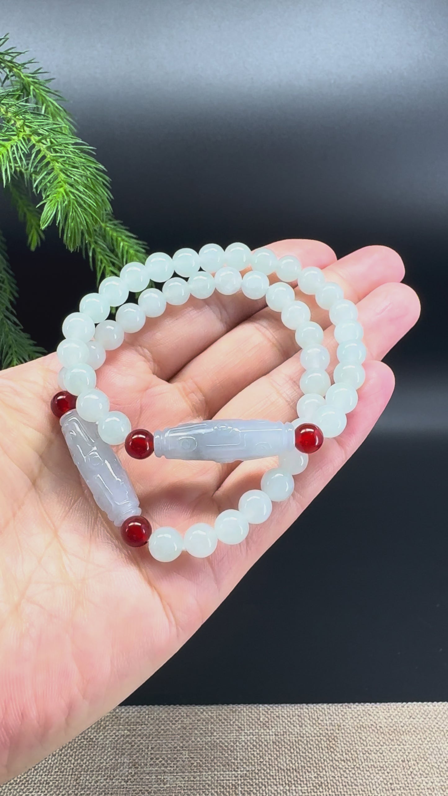 Load and play video in Gallery viewer, RealJade® Co. Genuine Jadeite Jade Round Light Green Dzi Beads Bracelet (7mm)
