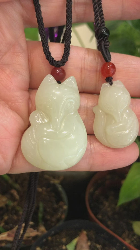Load and play video in Gallery viewer, RealJade® &amp;quot;Lucky Fox&amp;quot; Genuine Nephrite White Jade Fox Pendant Necklace
