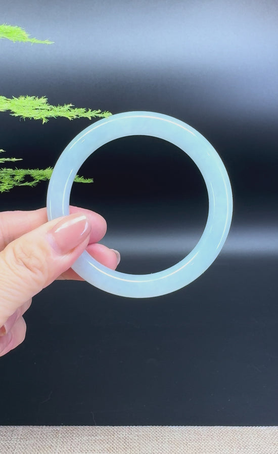 Load and play video in Gallery viewer, Genuine Burmese Icy Green Jadeite Jade Bangle Bracelet ( 55.7mm )

