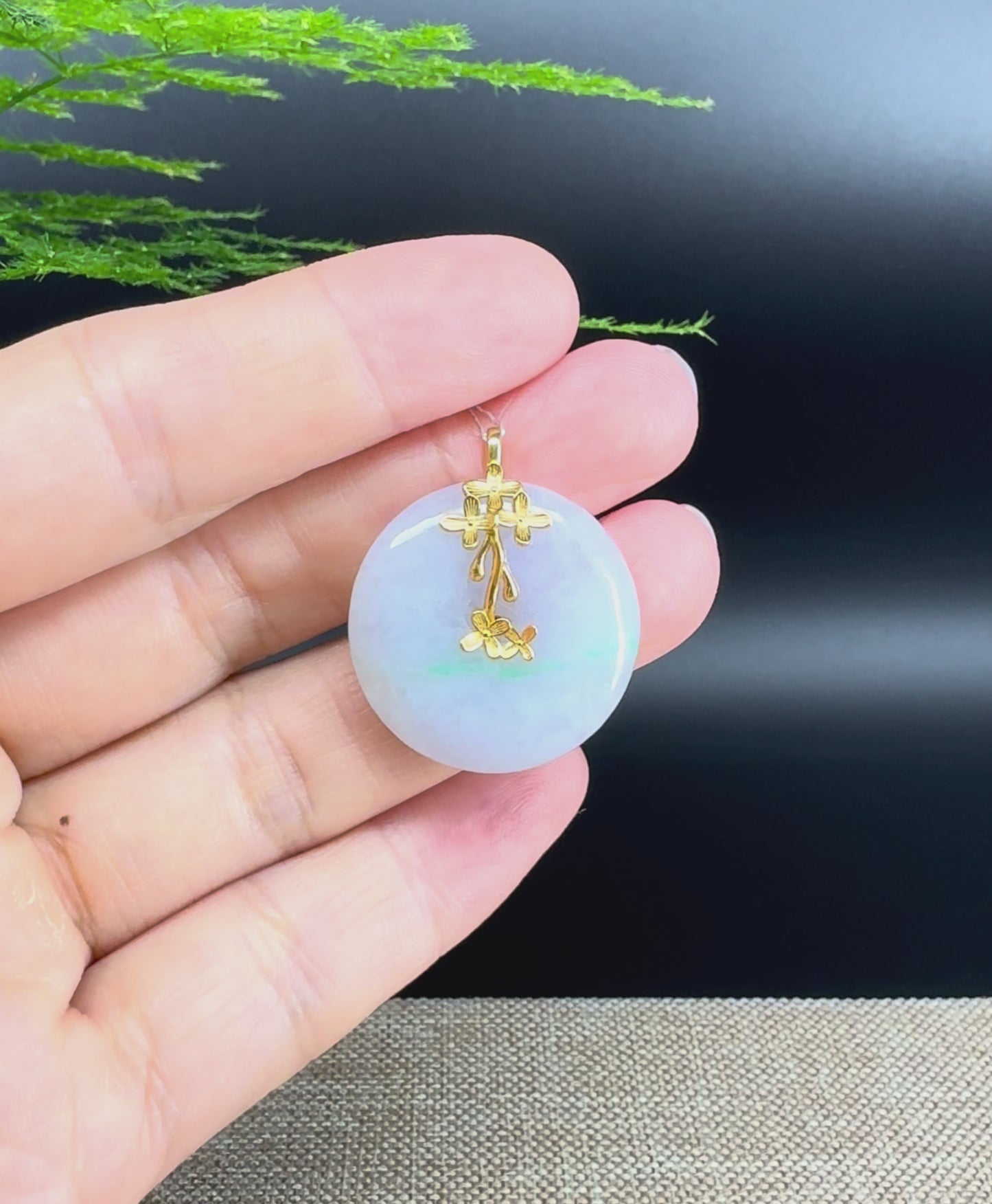 Load and play video in Gallery viewer, &amp;quot;Good Luck Button&amp;quot;Lavender Green Jadeite Jade Lucky KouKou Pendant With 18K Yellow Gold  Bail
