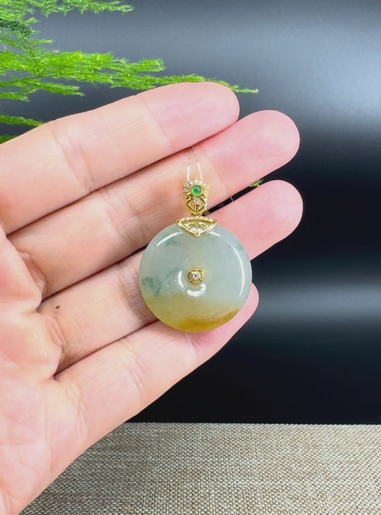 Load and play video in Gallery viewer, &amp;quot;Good Luck Button&amp;quot;Icy Yellow Green Jadeite Jade Lucky KouKou Pendant With 18K Yellow Gold Bail
