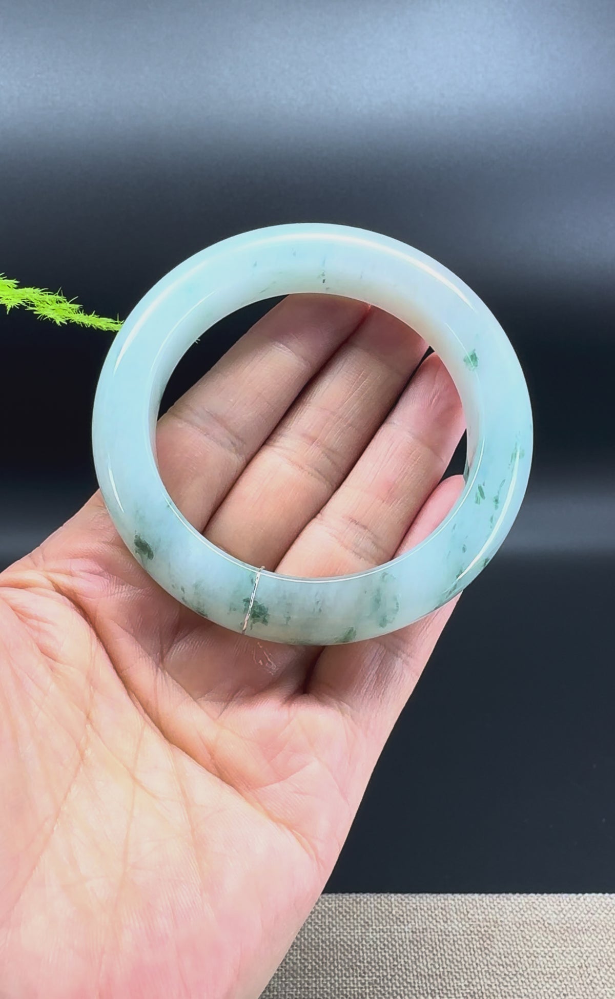 Genuine Burmese Light Blue-Flower Jadeite Jade Bangle Bracelet ( 56.4mm )