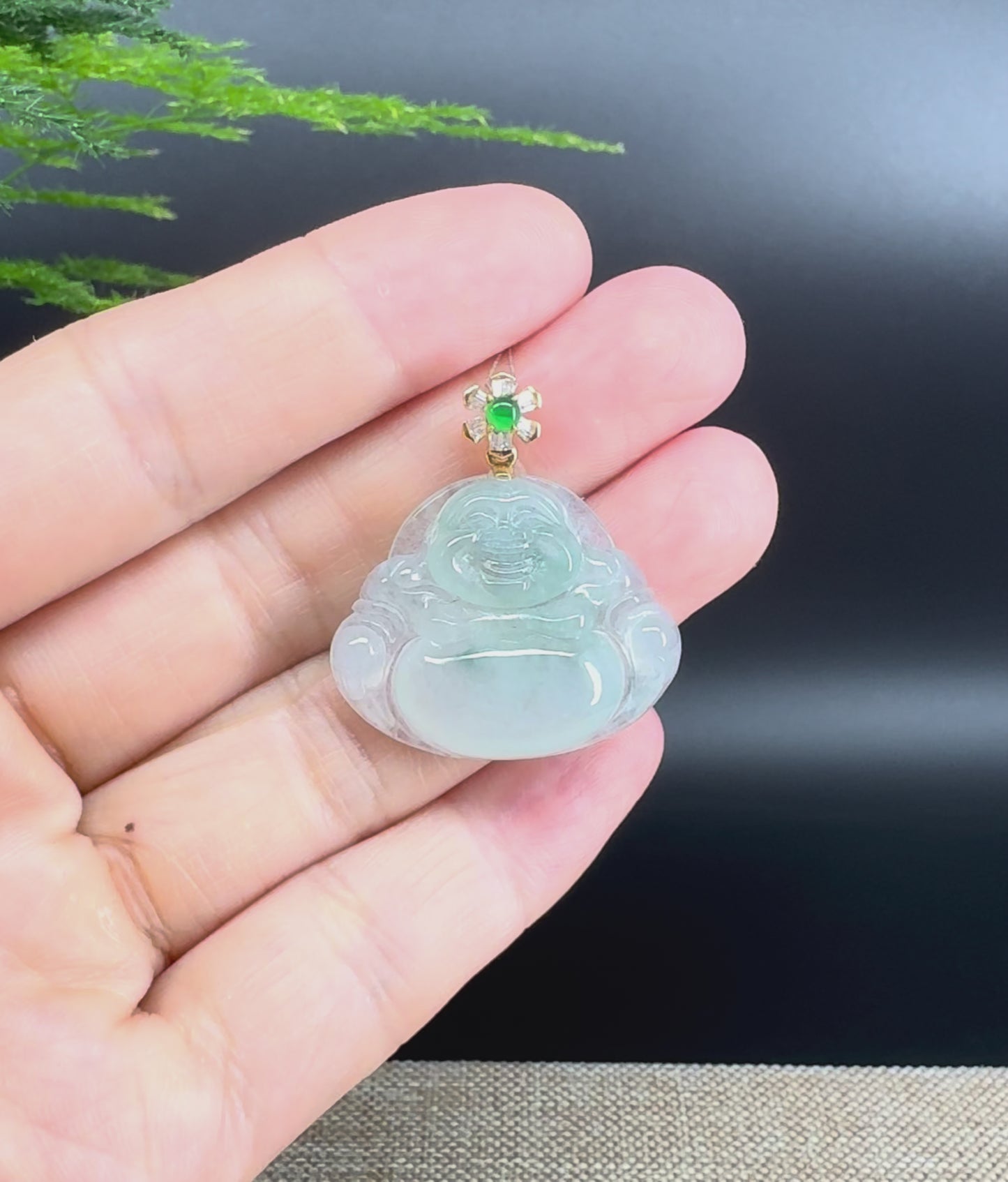 Load and play video in Gallery viewer, 18K Yellow Gold Burmese Icy Green Jadeite Jade Happy Buddha Pendant
