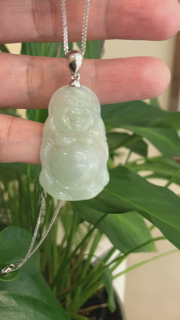 Load and play video in Gallery viewer, RealJade® Co. &amp;quot;Standing Buddha&amp;quot; Genuine Green Jadeite Buddha Pendant Necklace With Silver  Bail

