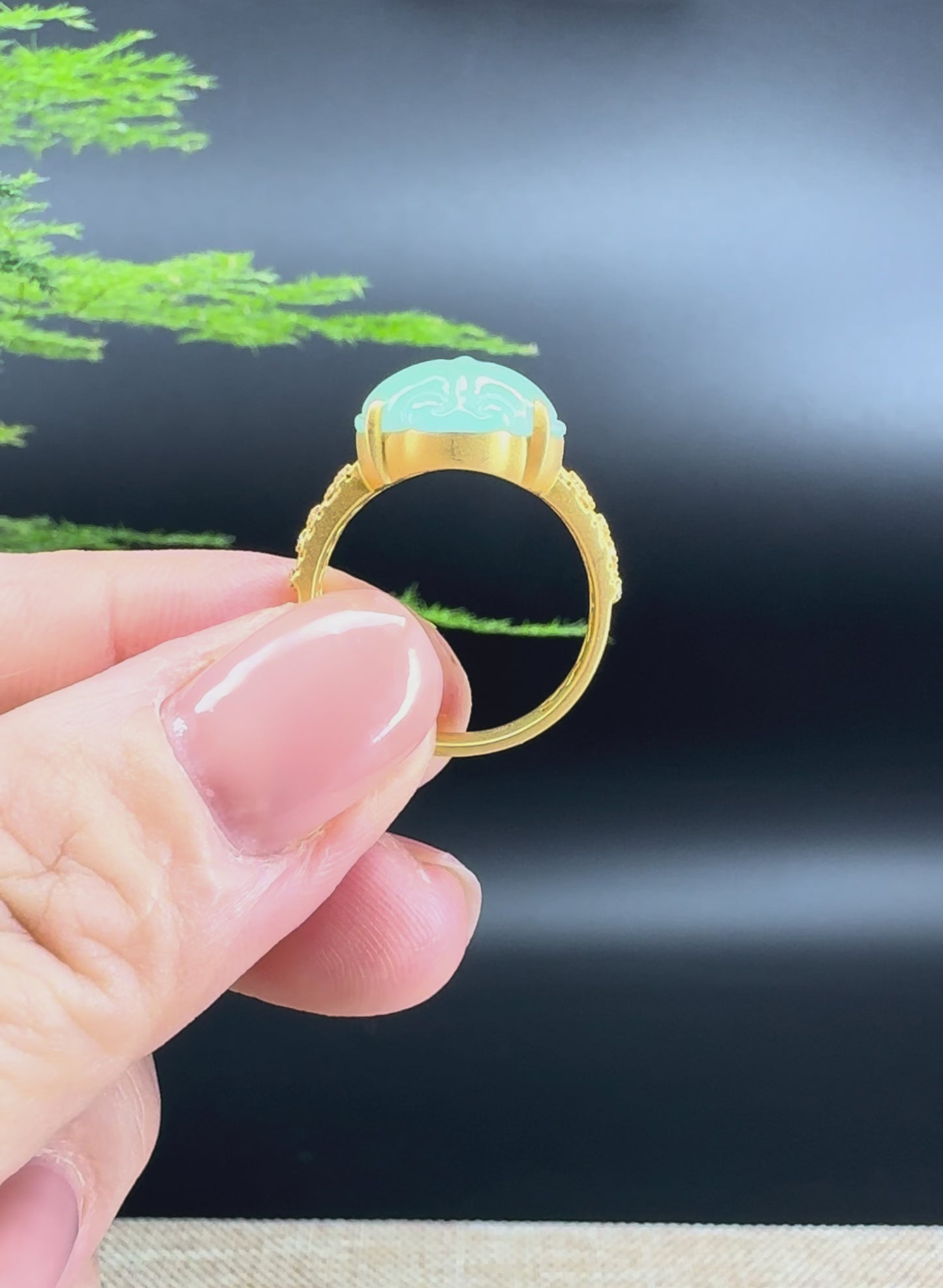RealJade® 18K Yellow Gold Icy Green Jadeite Jade PiXiu Ring