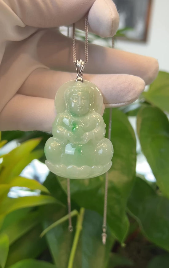 Load and play video in Gallery viewer, RealJade® 14k &amp;quot;Goddess of Compassion&amp;quot; Genuine Burmese Jadeite Jade Guanyin Necklace
