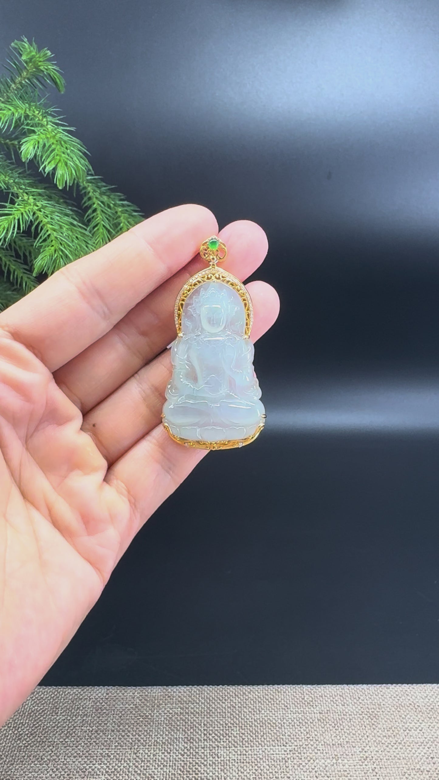 RealJade® 18K Yellow Gold Genuine Icy Green Jadeite Jade Guanyin Pendant With Diamonds