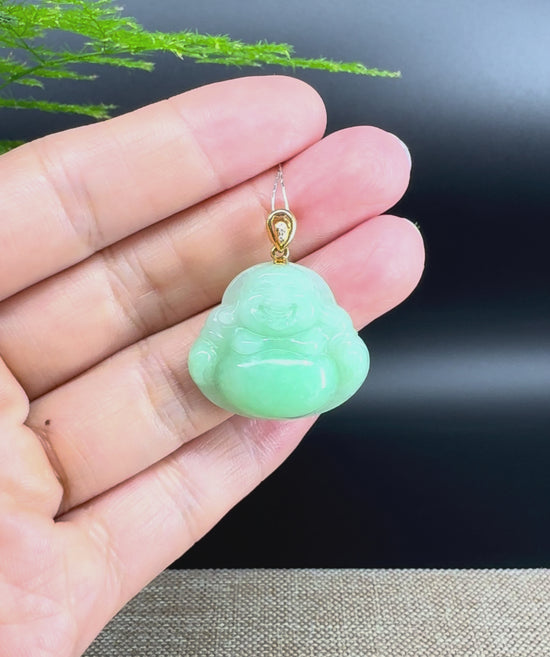 Load and play video in Gallery viewer, 18K Yellow Gold Burmese Green Jadeite Jade Happy Buddha Pendant
