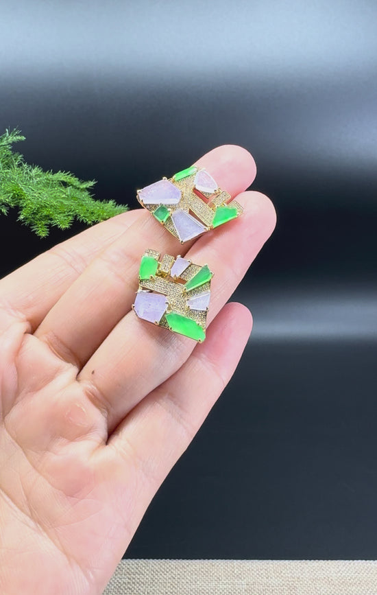 Load and play video in Gallery viewer, RealJade® 18k Yellow Gold High-end Real Multi-Color Jade Rhombus Earrings With Diamonds
