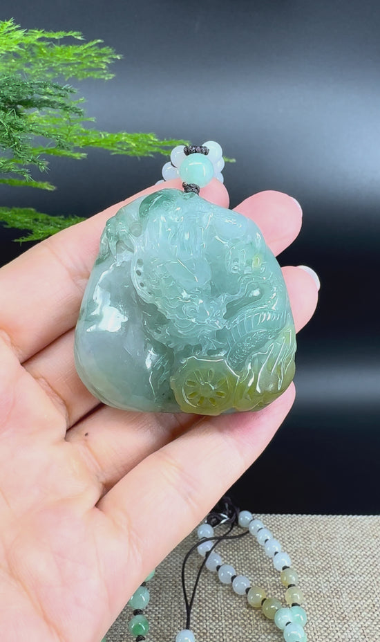Load and play video in Gallery viewer, RealJade® Co. Genuine Burmese Jadeite Jade Yellow Green Dragon Pendant Necklace
