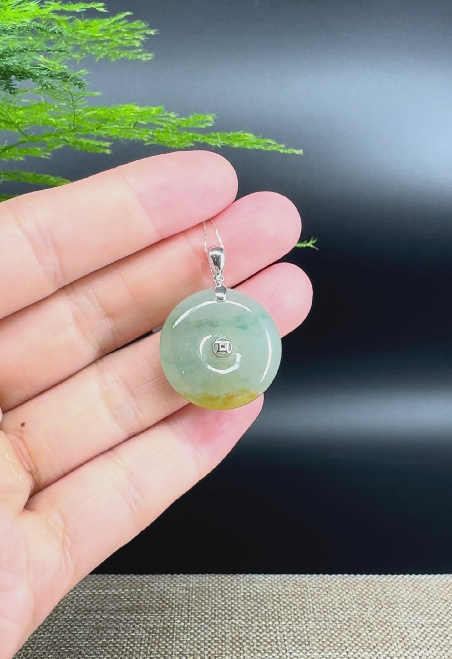 Load and play video in Gallery viewer, &amp;quot;Good Luck Button&amp;quot; Icy Yellow Green Jadeite Jade Lucky KouKou Pendant With 18K White Gold Bail
