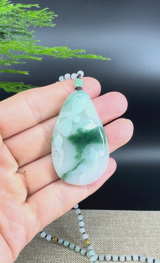 Load and play video in Gallery viewer, RealJade® Co.  Genuine Burmese Jadeite Jade Dragonfly Pendant Necklace
