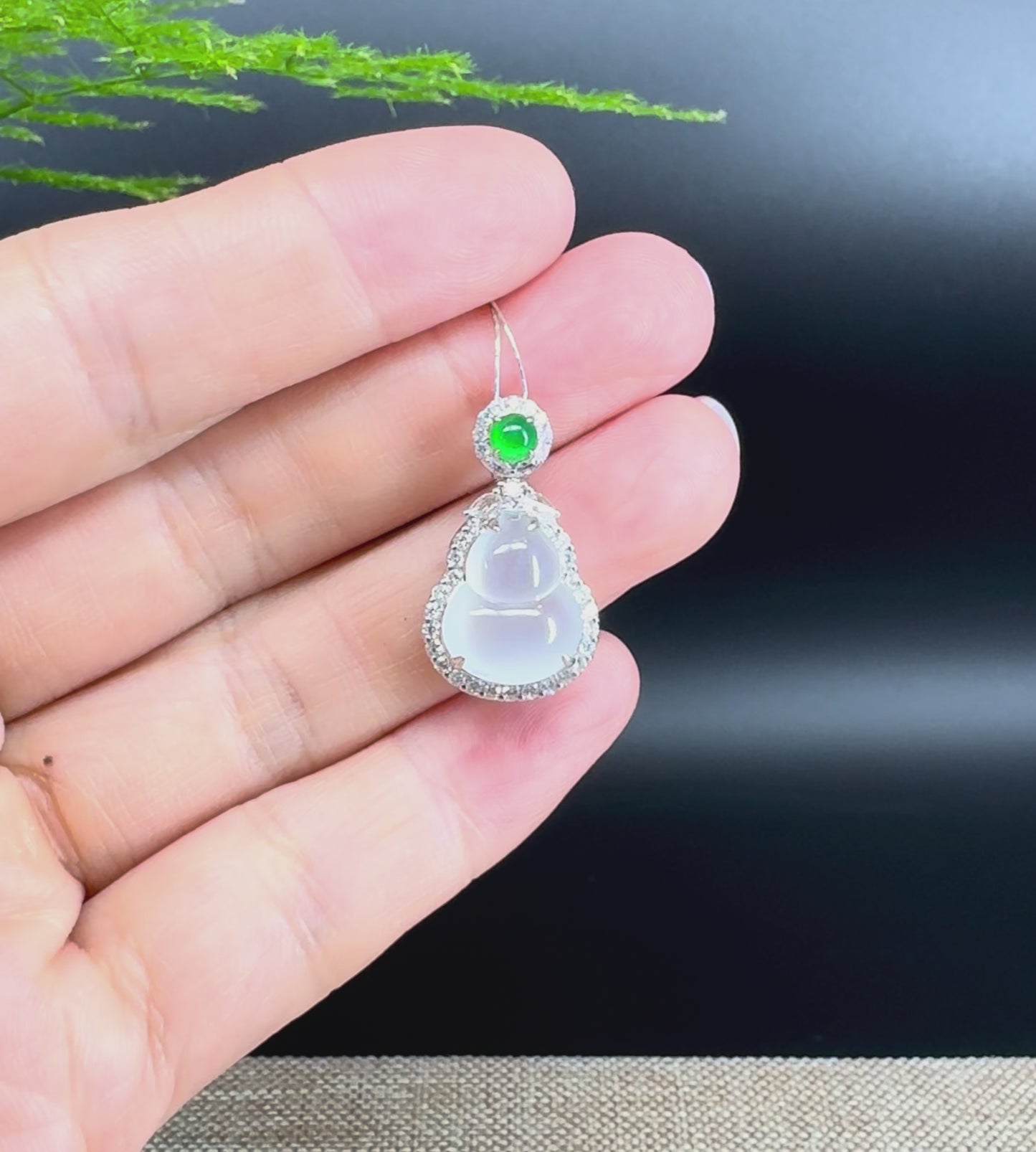 Load and play video in Gallery viewer, RealJade® Co. Genuine Icy Jadeite Jade Good Luck Hulu Bottle Gourd Necklace With 18K White Gold Bail
