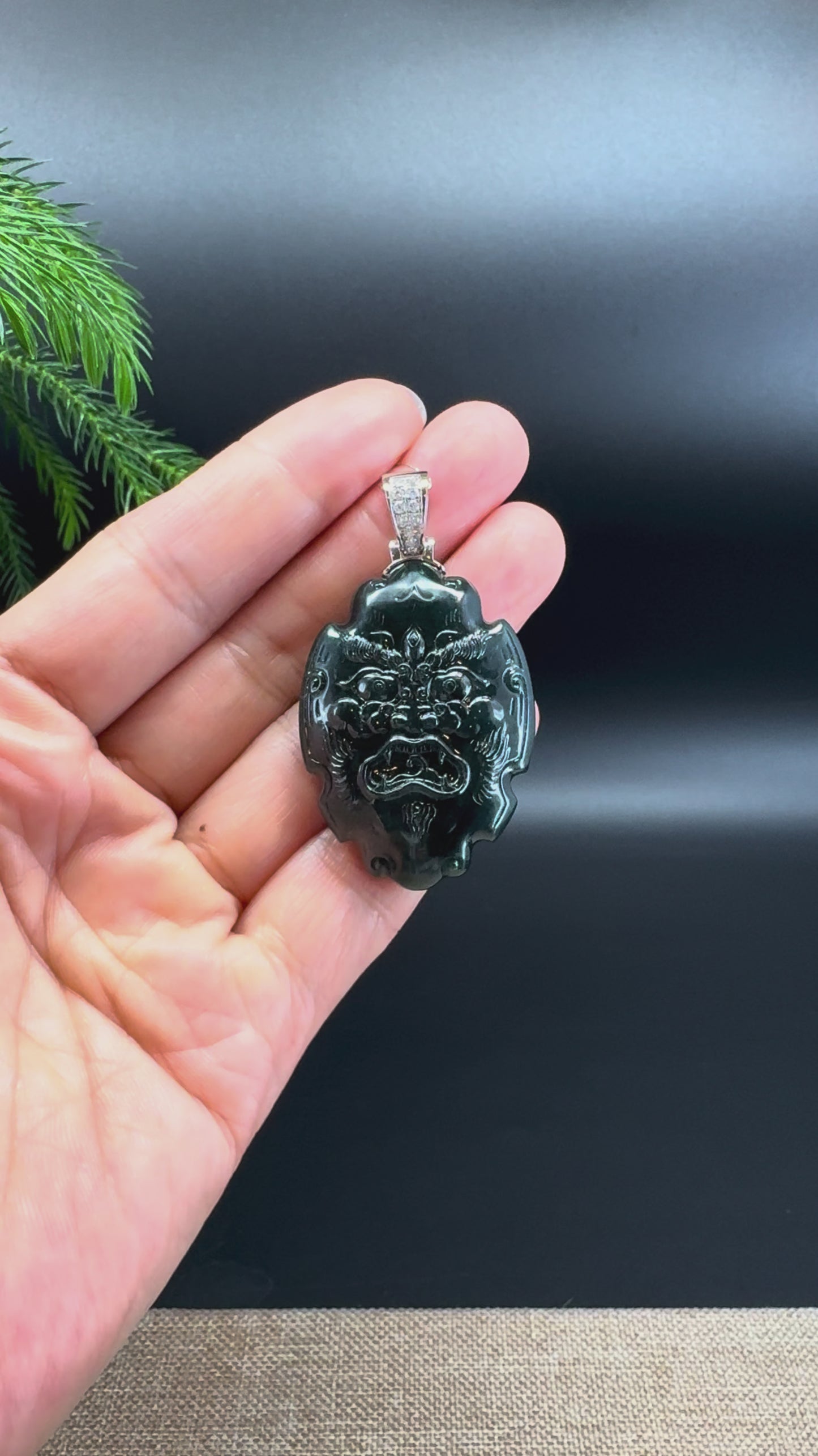 Load and play video in Gallery viewer, RealJade® Co. Guatemalan Platium Ink Green Jadeite Jade &amp;quot;Fu Dog&amp;quot;Pendant Necklace With Diamonds
