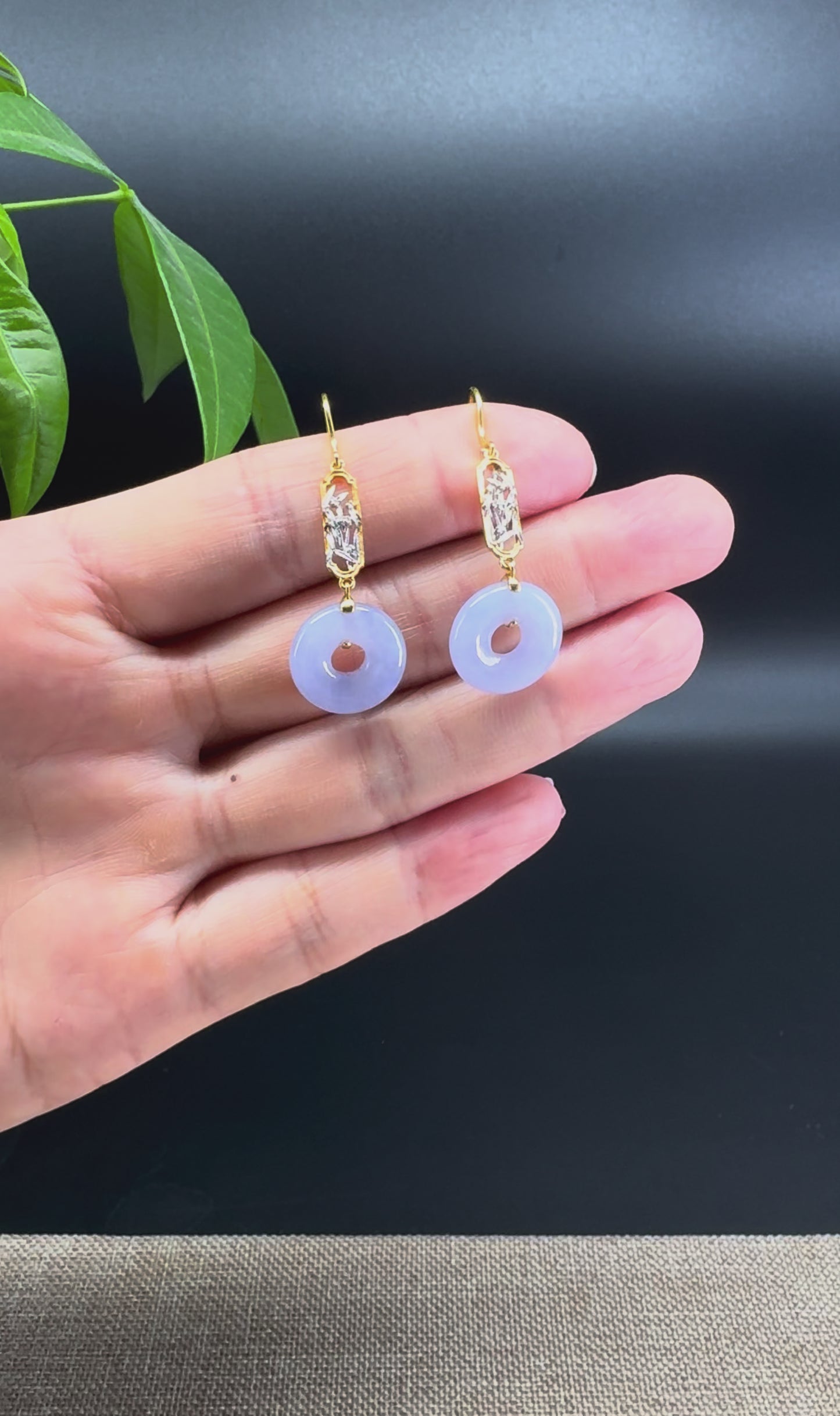 18K Yellow & White Gold Genuine Lavender Jadeite Jade KouKou Earrings