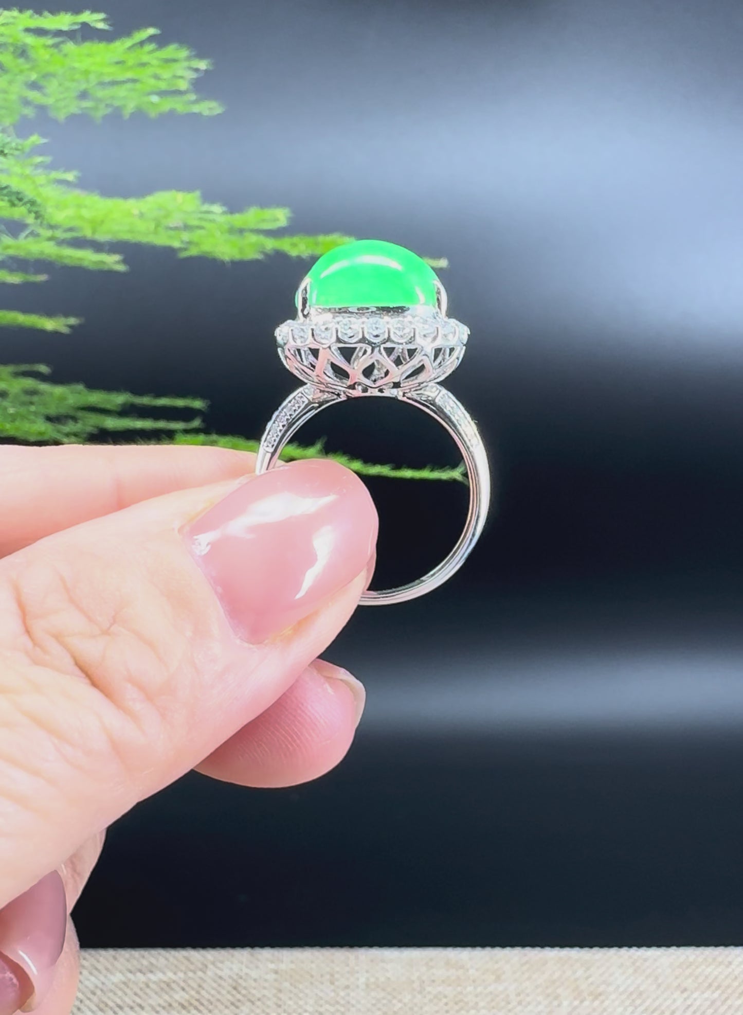 RealJade® 18k White Gold Natural Green Jadeite Hulu Ring With Diamonds