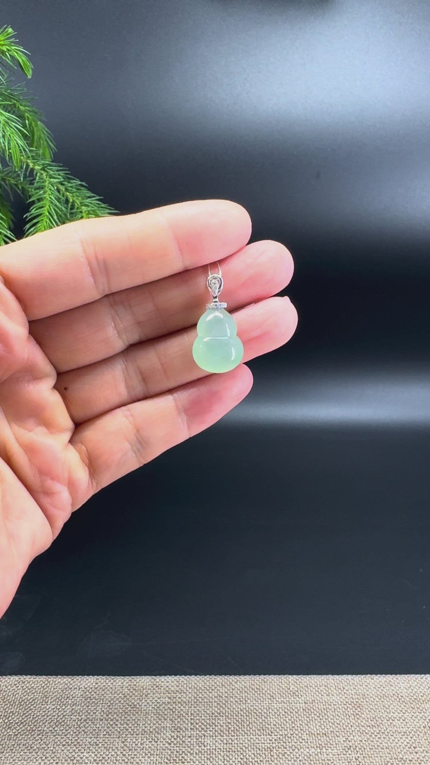 Genuine Icy Green Jadeite Jade Good Luck Hulu Necklace With 18K White Gold Diamonds Bail