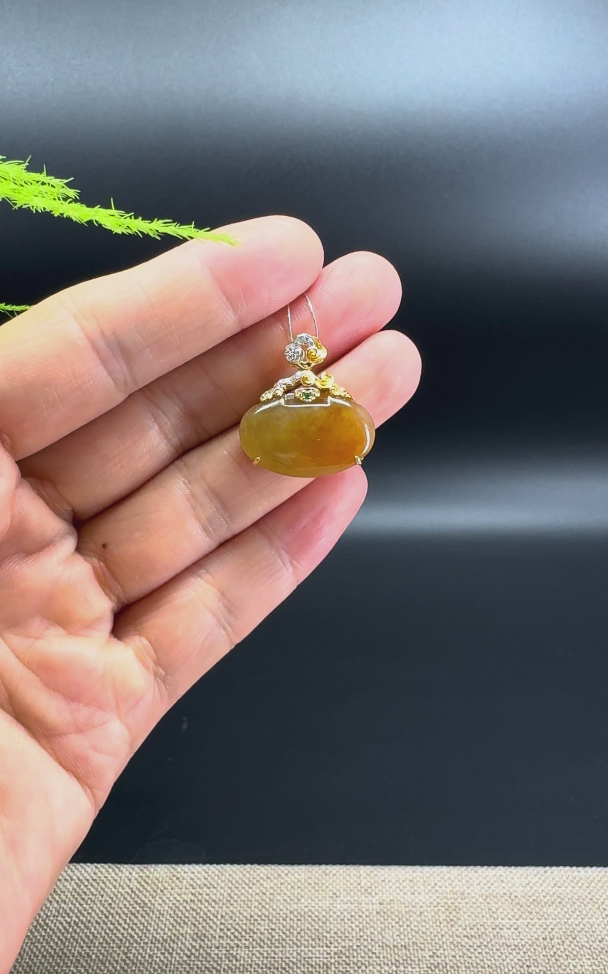 RealJade® Co. Genuine Honey Yellow Jadeite Jade Ru Yi Pendant with 18k Yellow Gold Diamond Bail