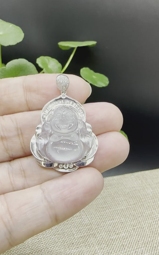 Load and play video in Gallery viewer, High end RealJade® &amp;quot;Laughing Buddha&amp;quot; 18k White Gold Genuine Ice Jadeite Jade Pendant
