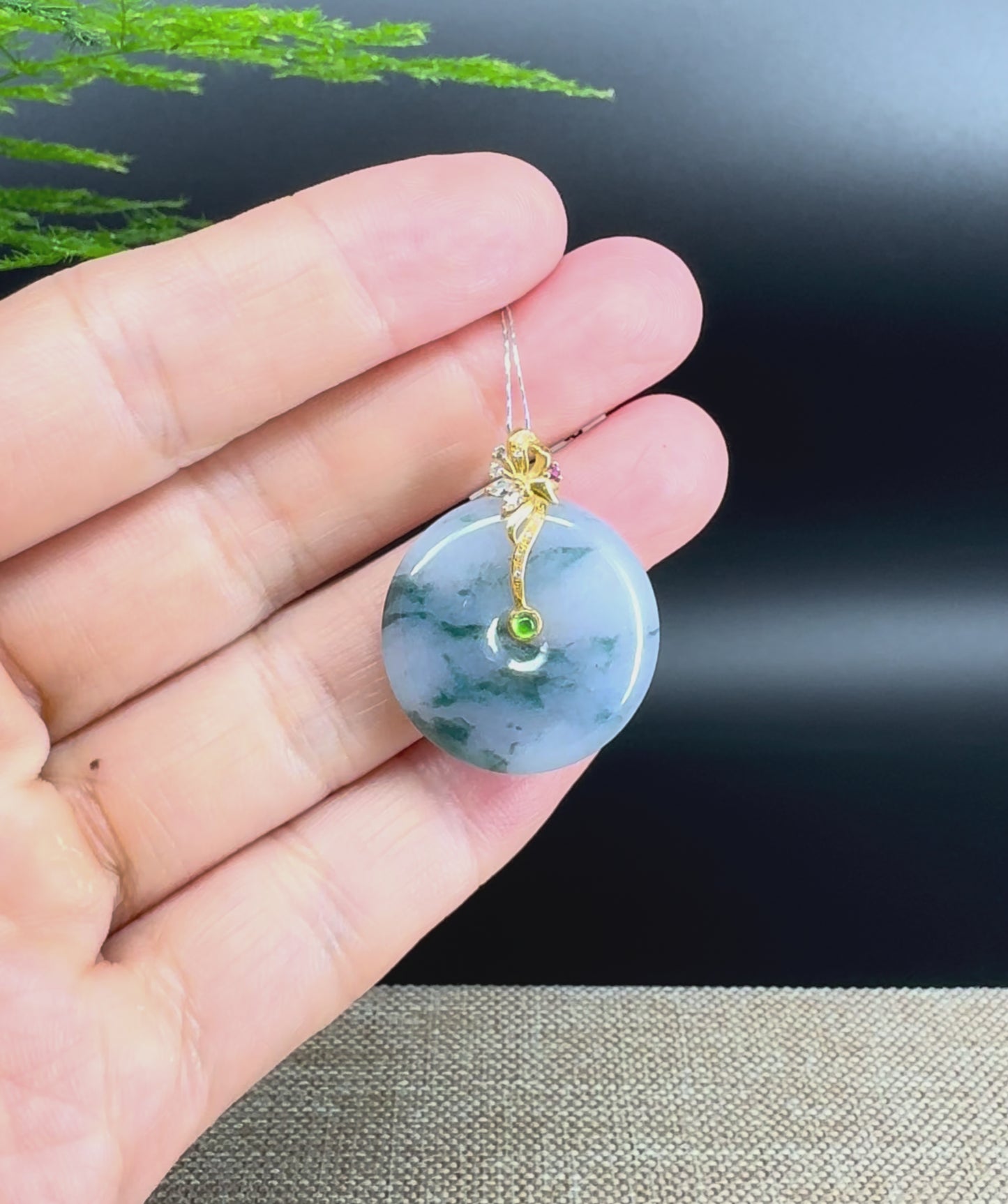 "Good Luck Button" Blue Lavender Jadeite Jade Lucky KouKou Pendant With 18K Yellow Gold Bail