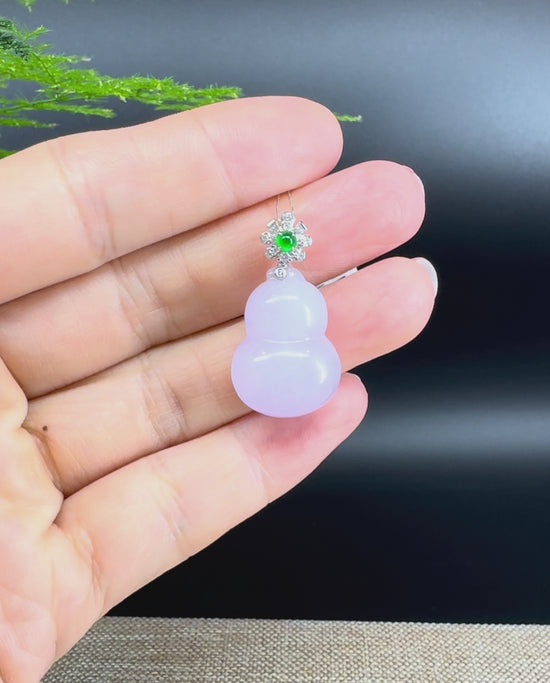 Load and play video in Gallery viewer, RealJade® Co. Genuine Lavender Jadeite Jade Good Luck Hulu Bottle Gourd Necklace With 18K Yellow White Bail
