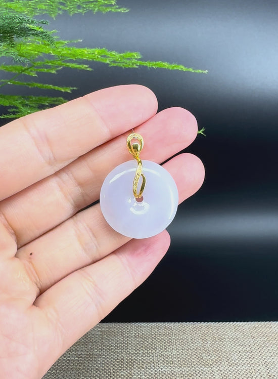 Load and play video in Gallery viewer, &amp;quot;Good Luck Button&amp;quot; Lavender Jadeite Jade Lucky KouKou Pendant With 18K Rose Gold Diamond Bail
