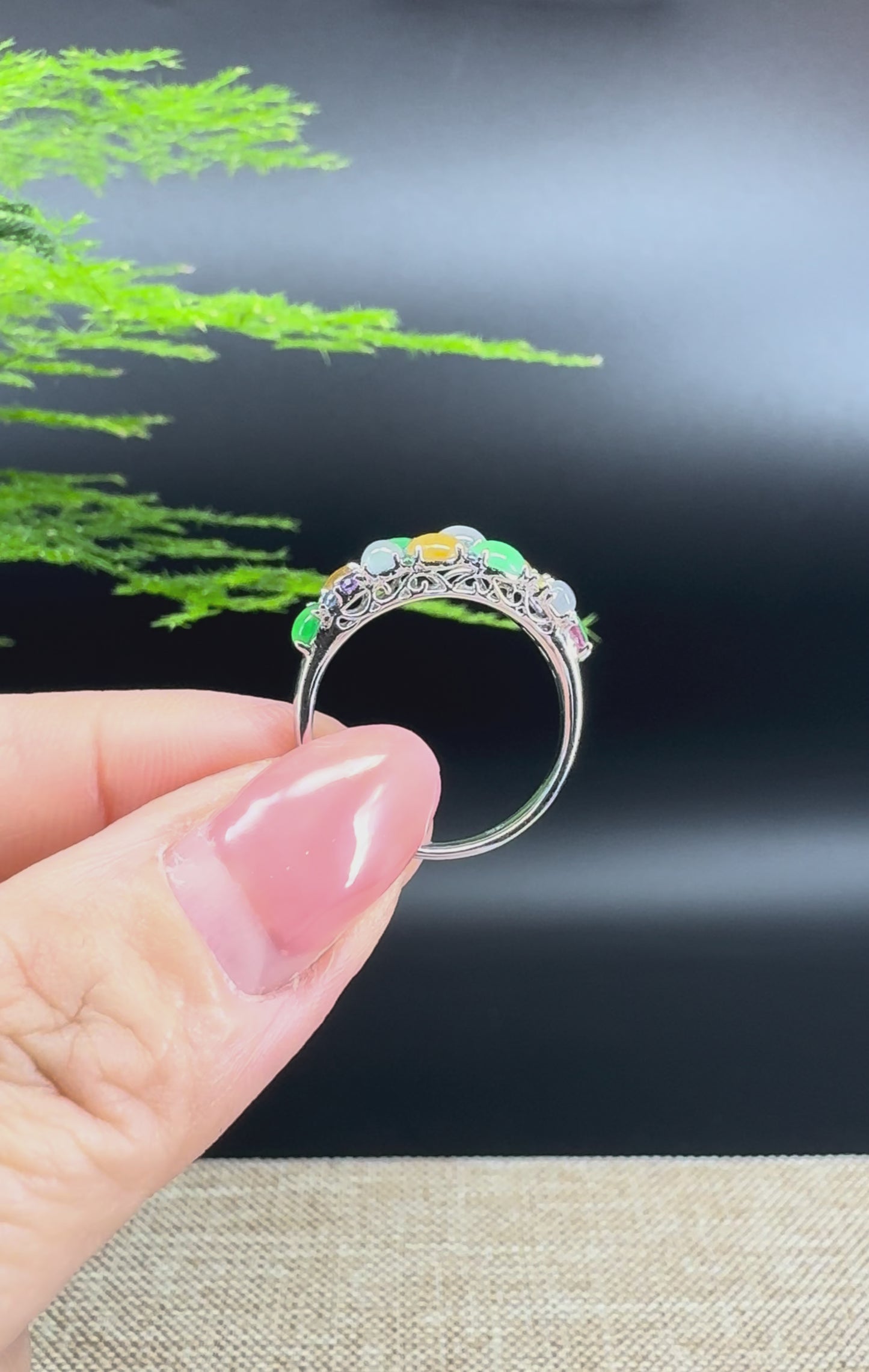 RealJade® "Bubble Collection" 18k White Gold Natural Multi-Colored Jadeite Ring With Diamonds