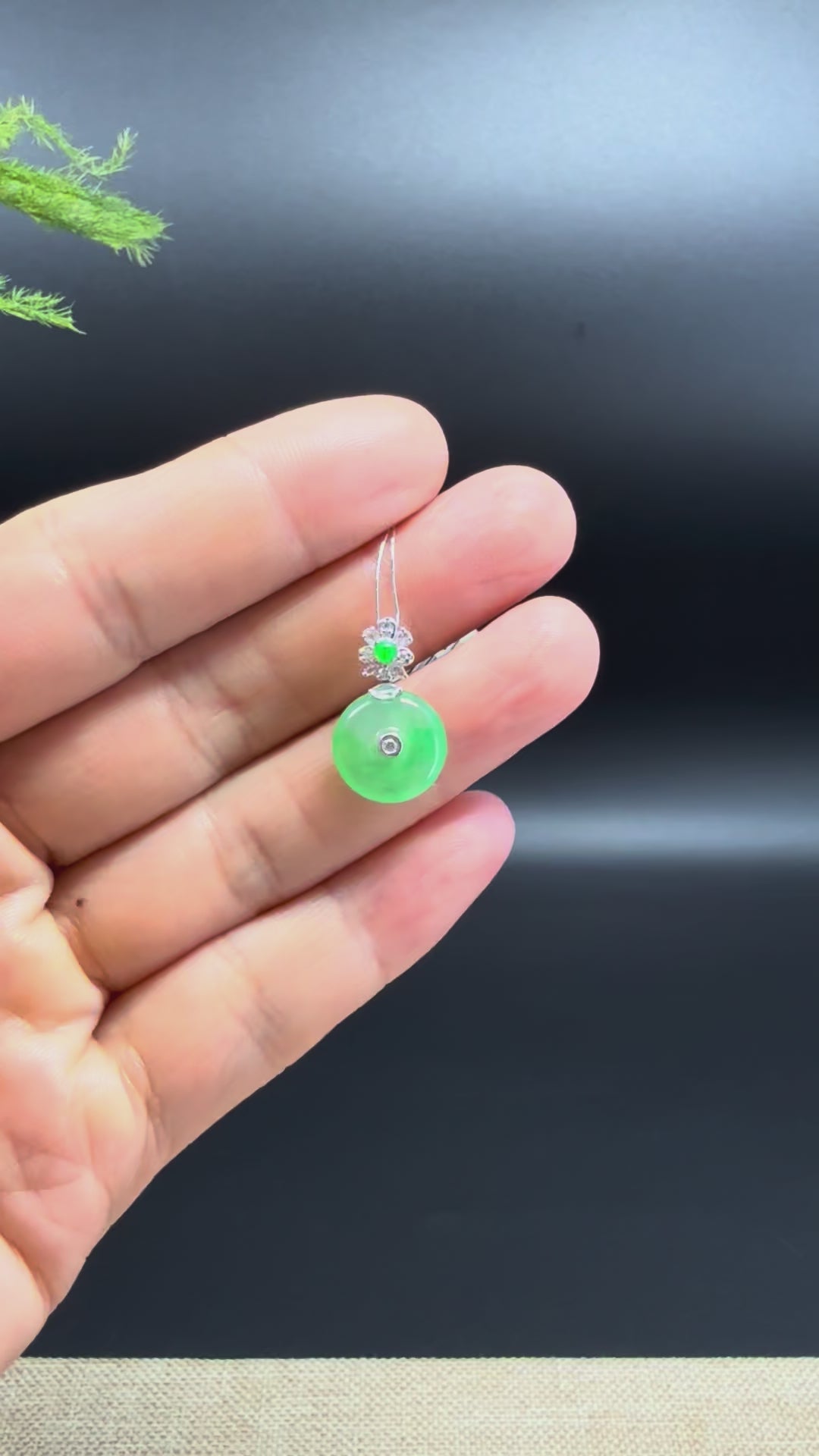 "Good Luck Button" Green Jadeite Jade Mini Lucky KouKou Pendant With 18K White Gold Bail