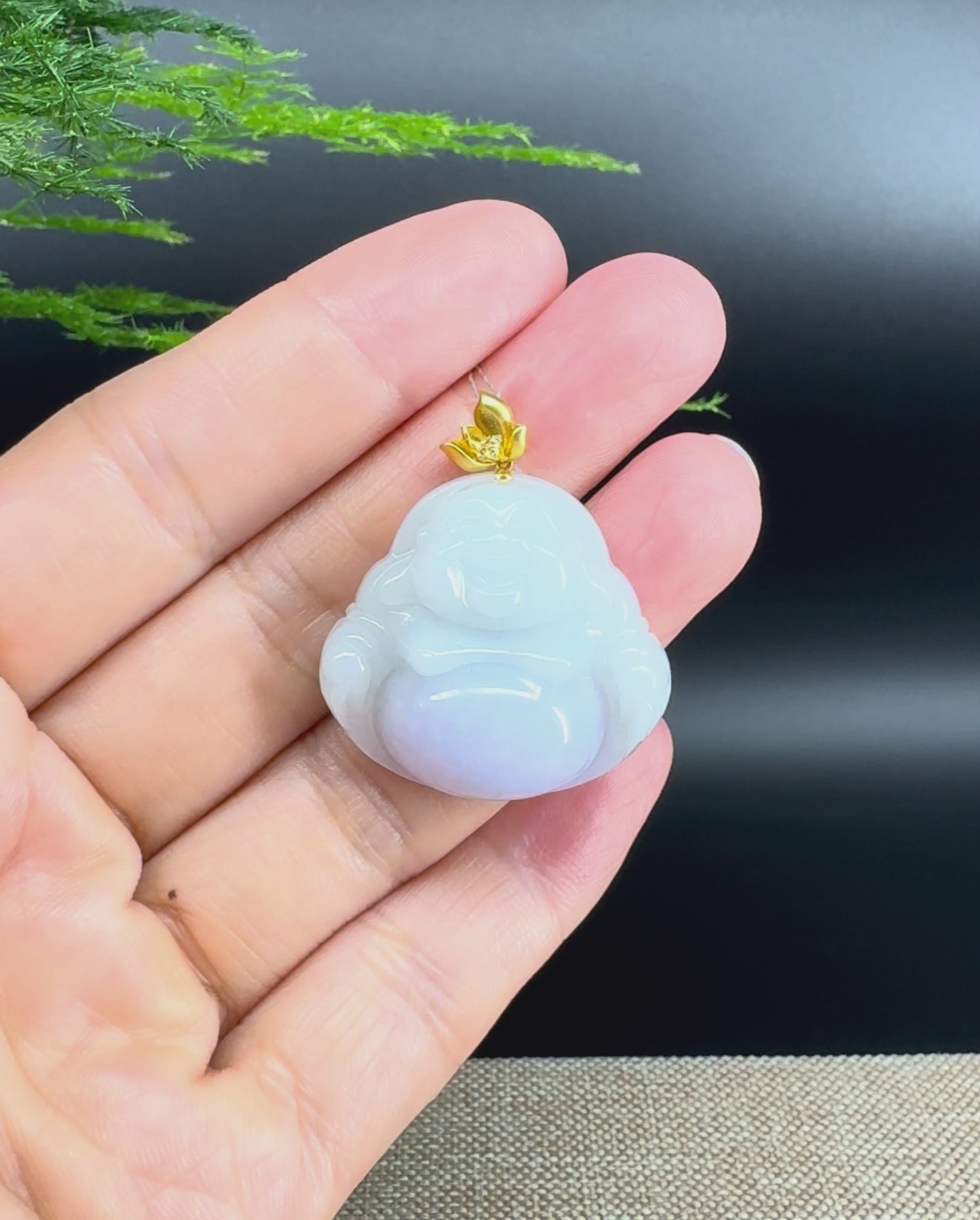 18K Yellow Gold Burmese Lavender Jadeite Jade Happy Buddha Pendant